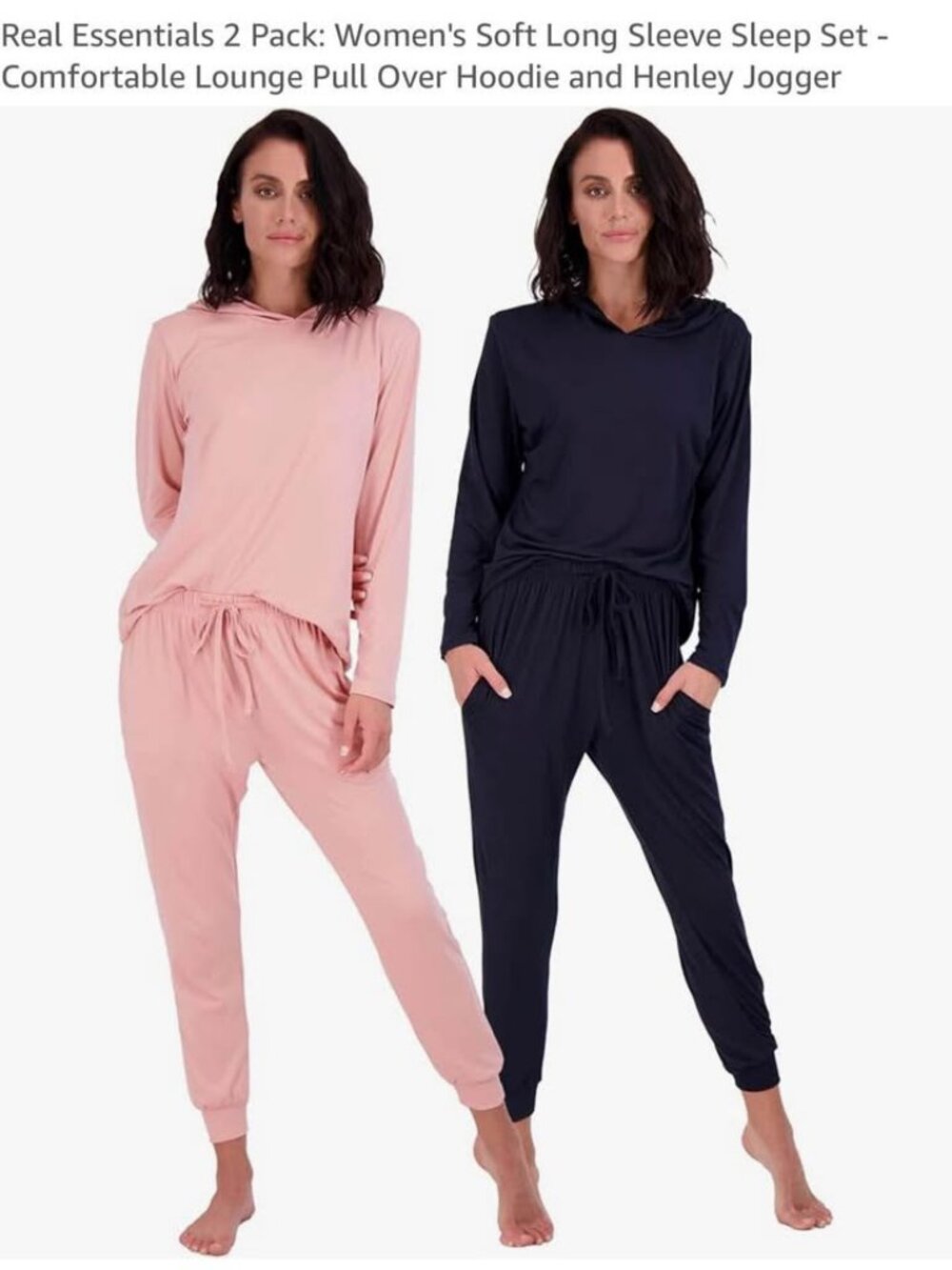 Real Essentials 2 Pack Women's Long Sleeve Sleep Set Hoodie and Joggers - New